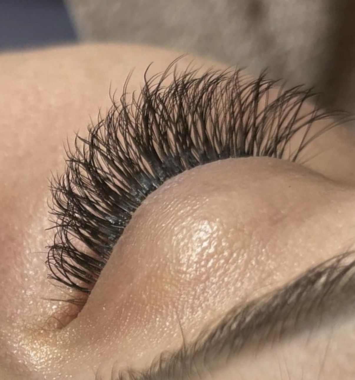 A close-up of a full set of lash extensions